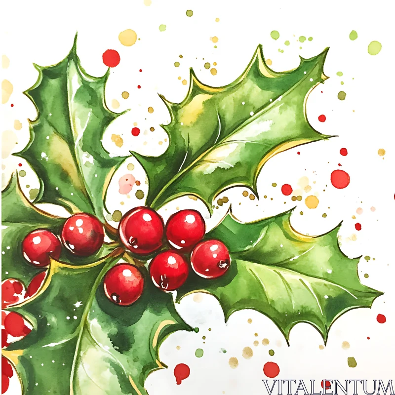 Festive Holly Watercolor Art AI Image