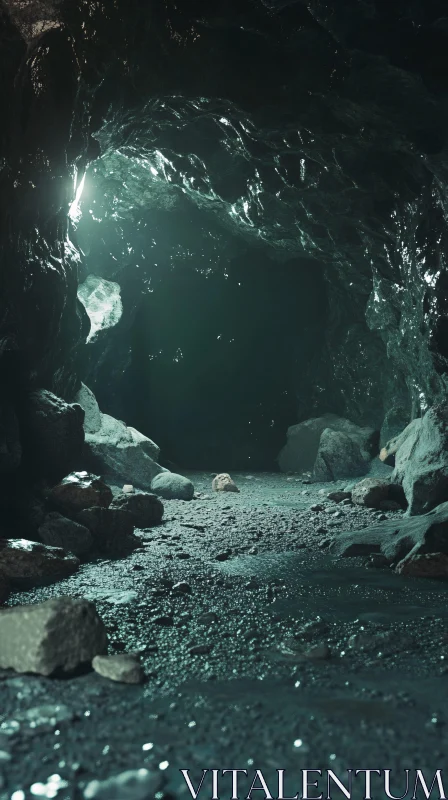 Mysterious and Ancient Cave with Light Filtering Through AI Image