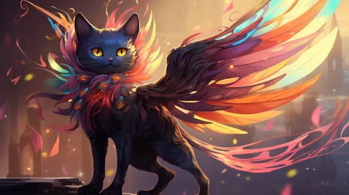 Enchanting Black Cat with Colorful Wings