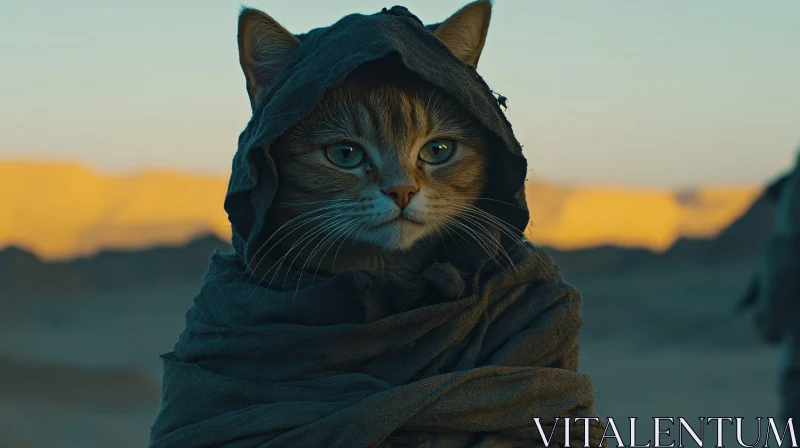 Cat in Hooded Cloak in Desert Setting AI Image