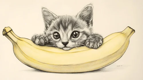 Cute Kitten Resting Inside a Banana Illustration