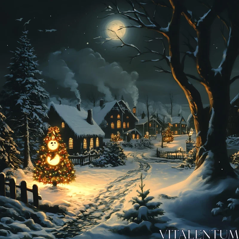 Serene Snow-Covered Village Under Moonlight AI Image