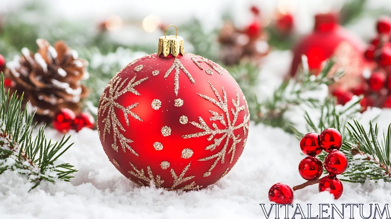 Red Holiday Bauble with Golden Snowflakes in Snow AI Image