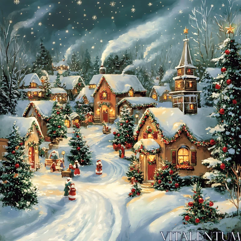 Festive Winter Village with Snow and Decorations AI Image