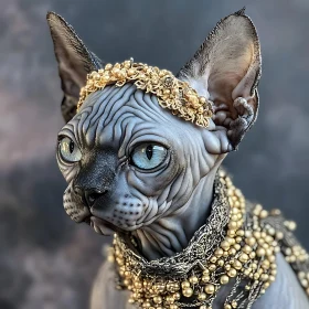 Regal Sphynx Cat with Gold Adornments