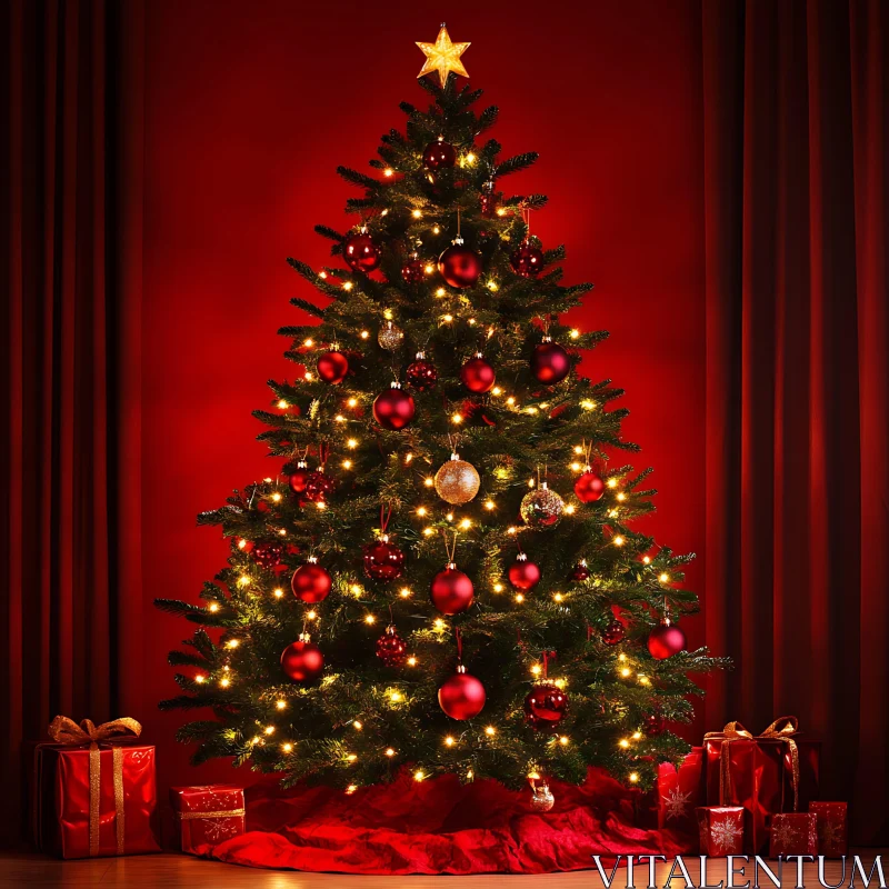 Festive Christmas Tree with Gifts and Lights AI Image