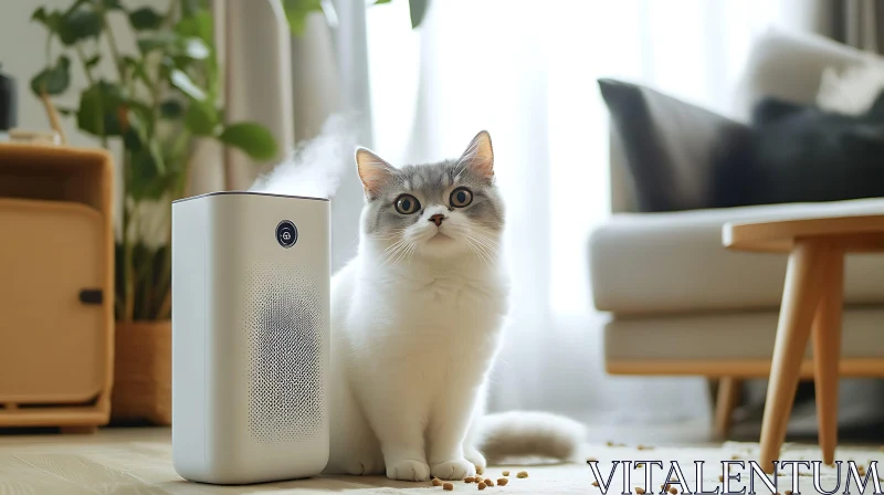 Adorable Cat with Air Purifier in Stylish Home AI Image