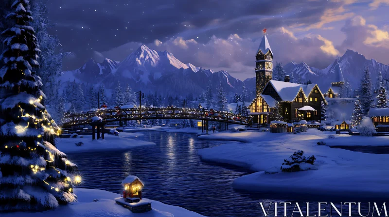 AI ART Snowy Holiday Village with Festive Lights and Mountains