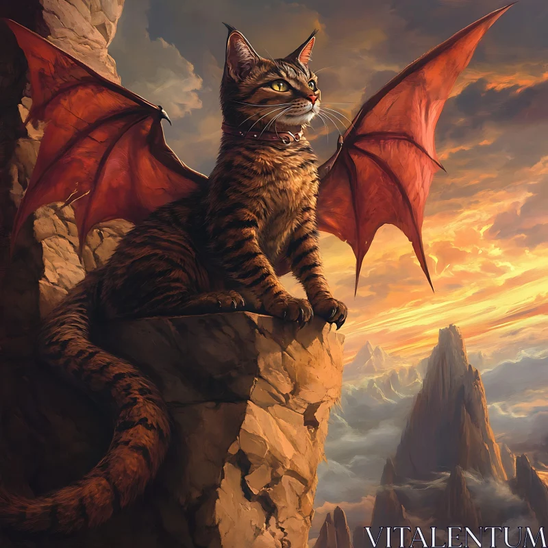 Mystical Dragon-Cat on a Cliff at Sunset AI Image