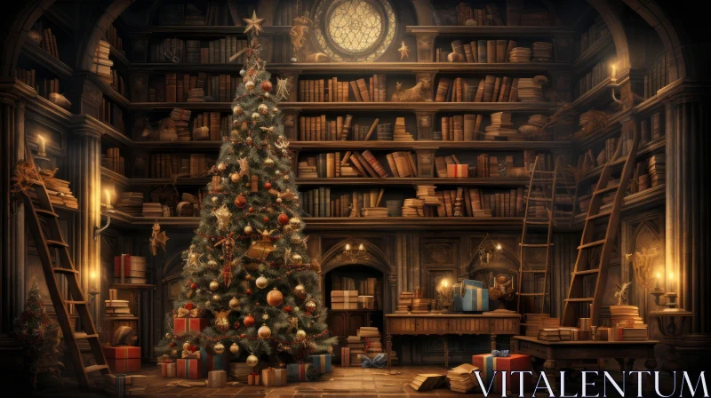Captivating Christmas Tree in a Room with Books | Vintage Academia AI Image