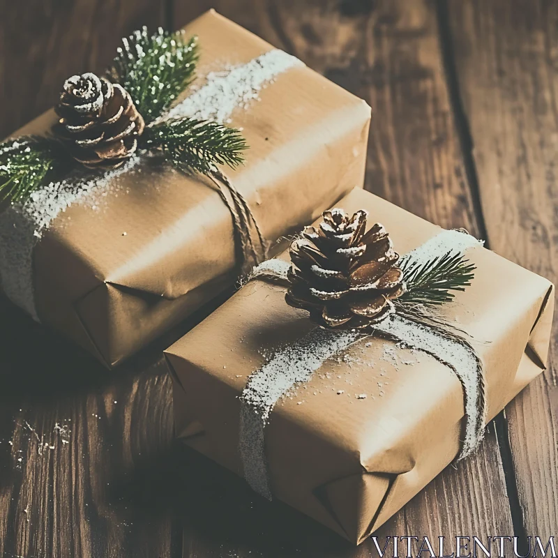 Rustic Brown Wrapped Gifts with Pinecone Adornments AI Image