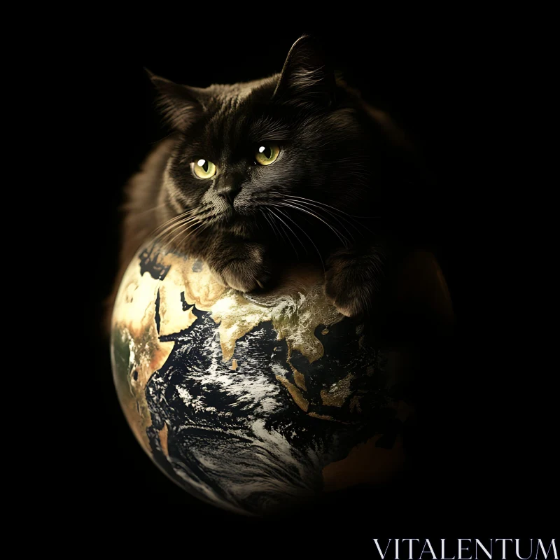 Mysterious Black Cat atop Glowing Earth AI Image