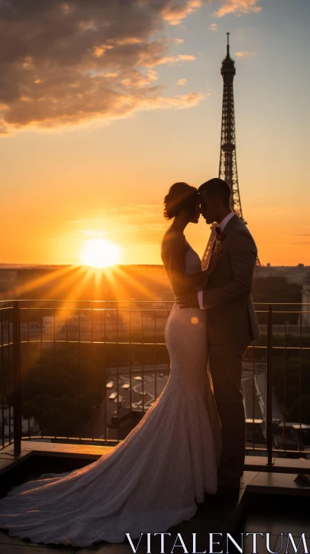 Enchanting Parisian Wedding: Bride and Groom at Sunset by the Eiffel Tower AI Image