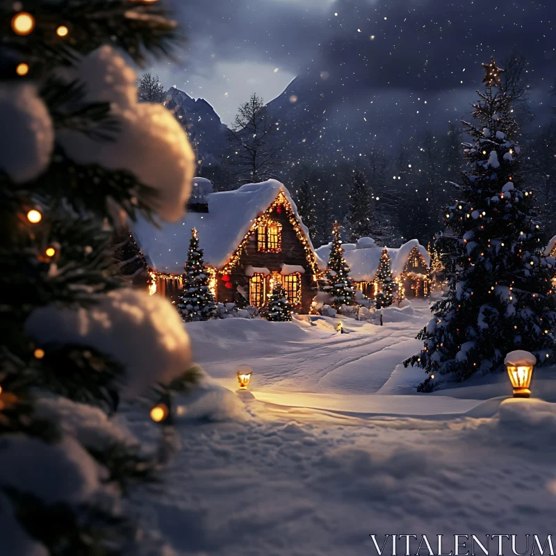 Serene Snow-Covered Holiday Cabin Scene AI Image