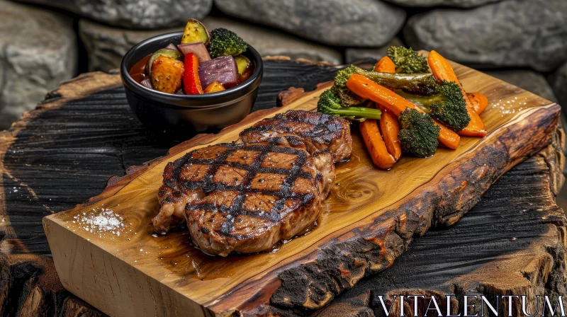 Grilled Steak with Assorted Vegetables on Wooden Cutting Board AI Image