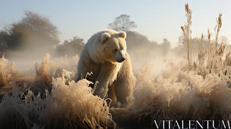Majestic Bear Amidst Grass in Mist - Artistic Depiction AI Image