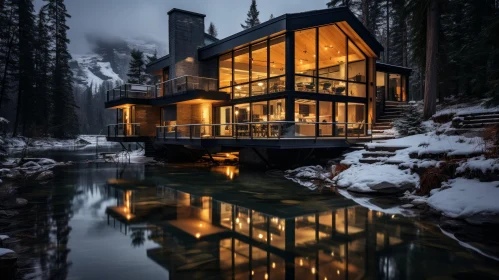 Modern House in Mountains with River View