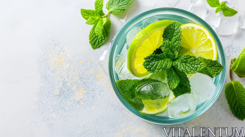 Refreshing Glass of Water with Ice, Lime Slices, and Mint Leaves AI Image