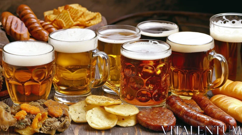 Rustic Still Life: Glasses of Beer and Sausages on Wooden Table AI Image