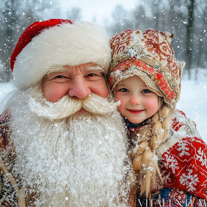 Festive Santa Claus and Child in Winter Wonderland AI Image