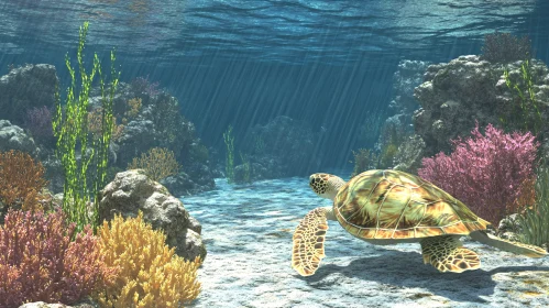 Sea Turtle Swimming in a Vibrant Coral Reef