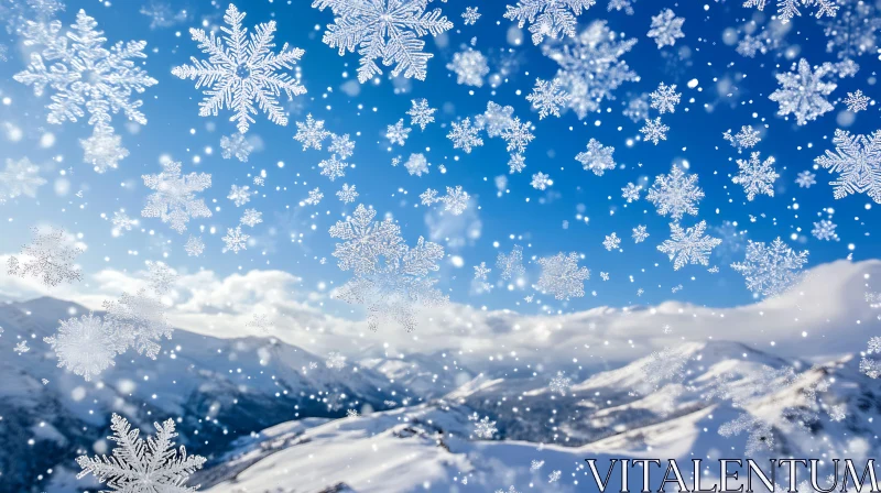 AI ART Snow-Capped Mountains Under Falling Snowflakes