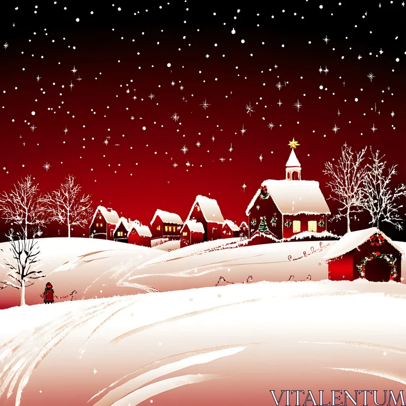 Festive Snow-covered Village at Night AI Image