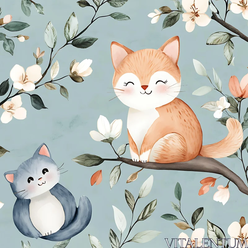 Whimsical Cat Illustration with Blossoms AI Image