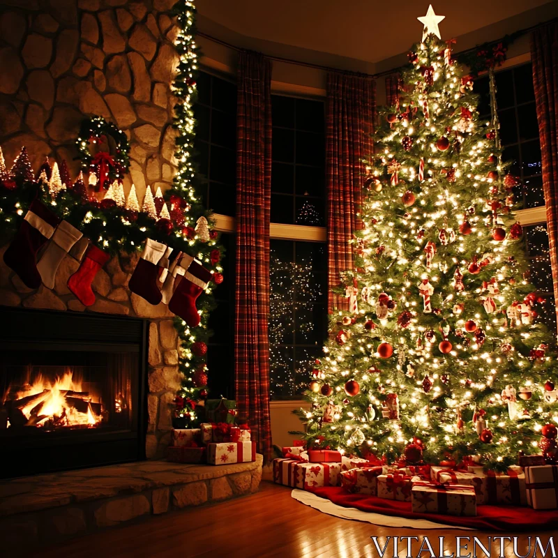 Festive Living Room with Christmas Tree and Gifts AI Image