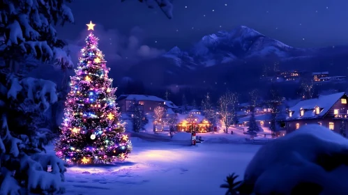 Christmas Tree in Snowy Night Mountain Village