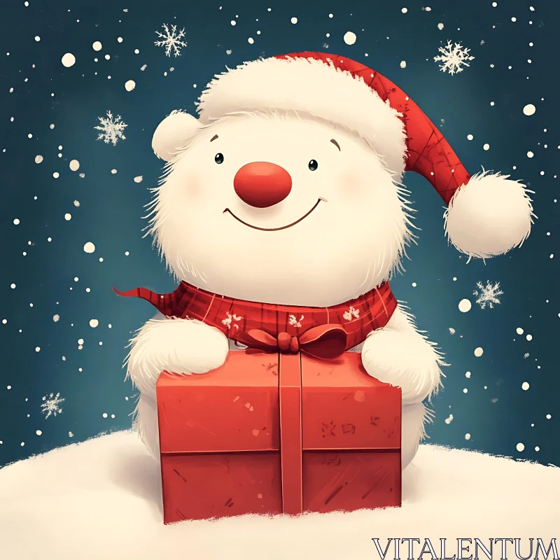 Festive Snowman with Present in Winter Wonderland AI Image