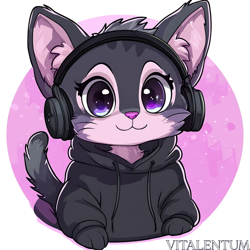 Cute Anime Cat in Hoodie and Headphones AI Image