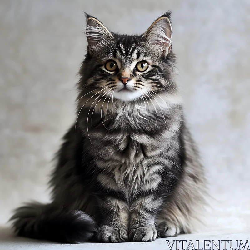 Graceful Tabby Cat Portrait with Fluffy Fur and Striking Eyes AI Image