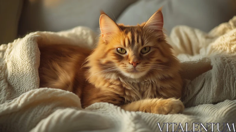 Fluffy Ginger Cat Lounging on Cozy Blanket AI Image