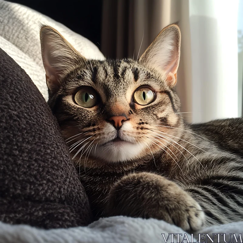 Relaxed Tabby Cat with Bright Green Eyes AI Image