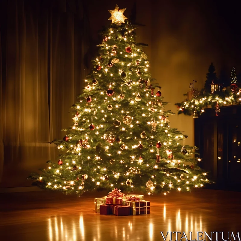 Festive Christmas Tree with Twinkling Lights and Gifts AI Image