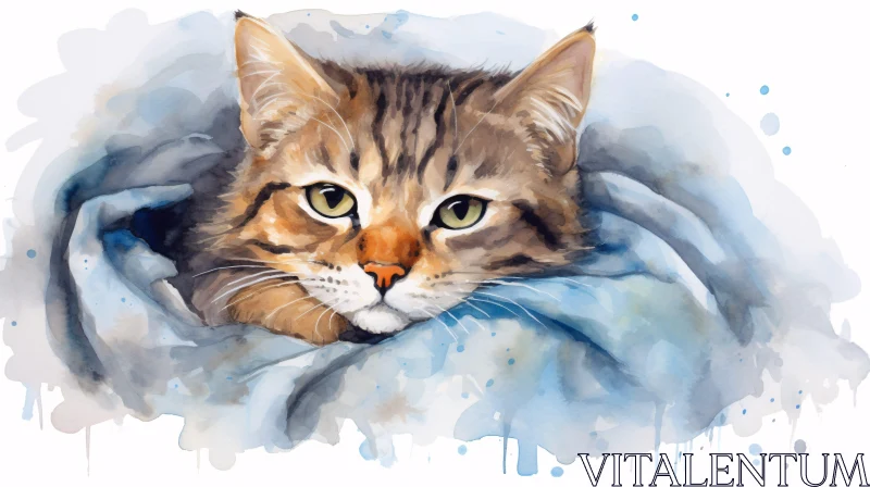 AI ART Tabby Cat Wrapped in Blue Blanket Watercolor Art