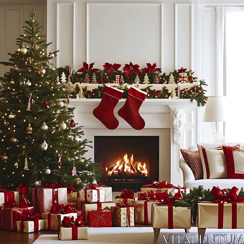 Cozy Christmas Living Room with Decor and Presents AI Image