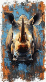 Textured Rhinoceros Art in Blue and Orange