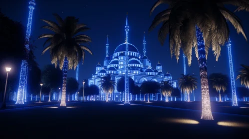 Blue Mosque Illuminated with Blue Lights and Palm Trees | Classical Landscapes