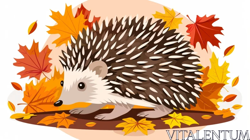 Cartoon Hedgehog on Fallen Leaves Illustration AI Image
