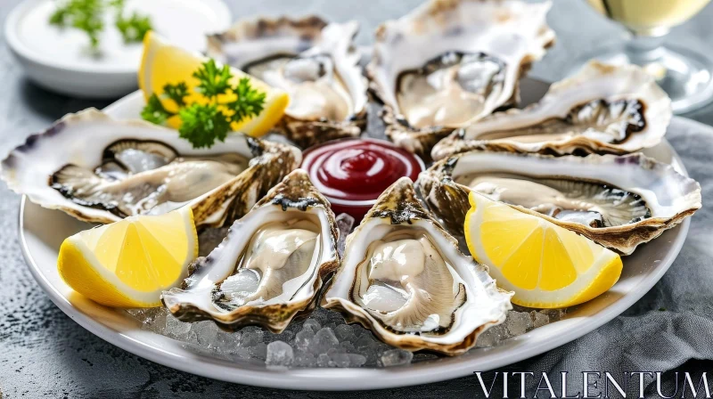 Exquisite Plate of Oysters on Ice with Cocktail Sauce AI Image