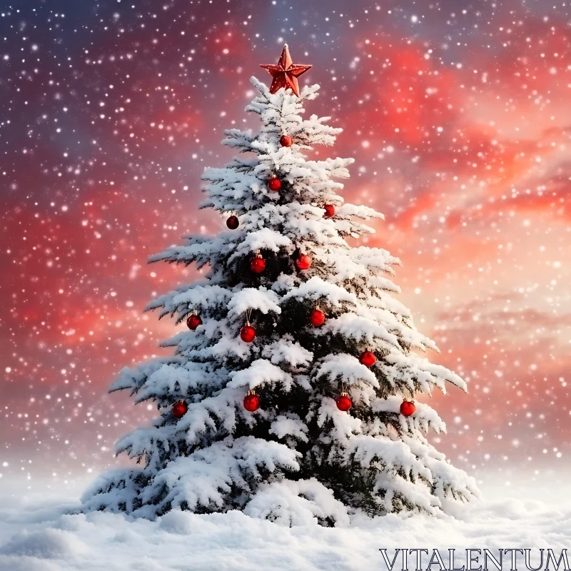 Festive Snowy Christmas Tree with Star and Red Ornaments AI Image