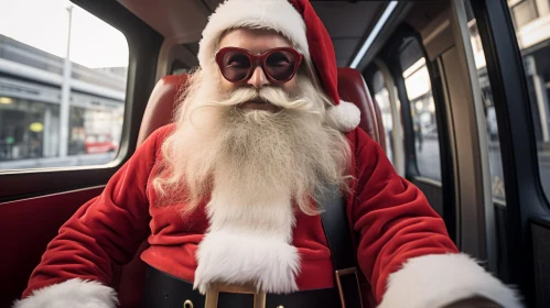 Santa Claus Riding in a Train with Sunglasses - Emotive Body Language - Colorized