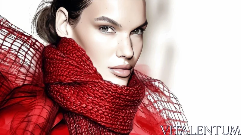 Serious Young Woman with Dark Hair and Red Scarf AI Image