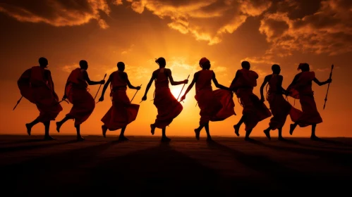 Silhouette of African Ethnic Groups Dancing at Sunrise - Traditional Dance Art