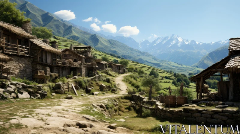 Stone Houses Amidst Green Mountains - A Rich and Immersive Landscape AI Image
