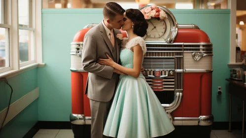 Vintage Romance: Couple Kissing Amidst Classic American Cars and Retro Music Equipment