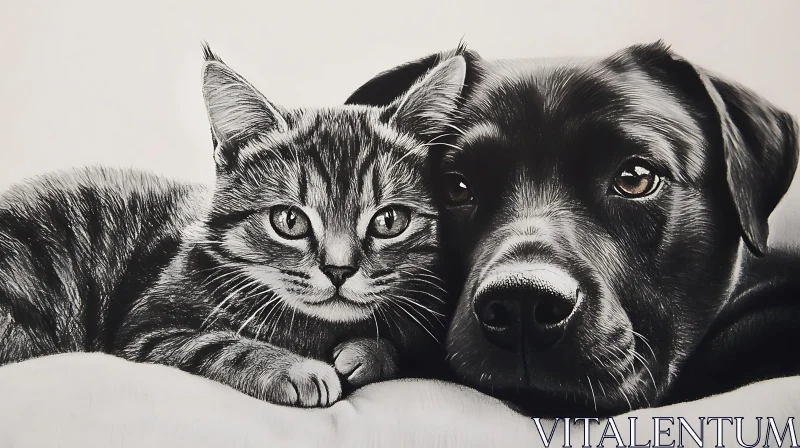 AI ART Cat and Dog Companionship in Monochrome