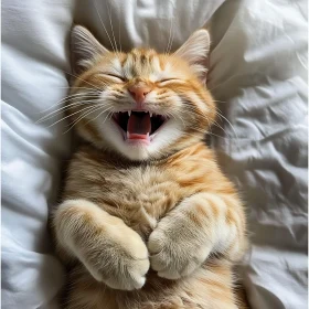 Happy Orange Kitten Lying on White Blanket